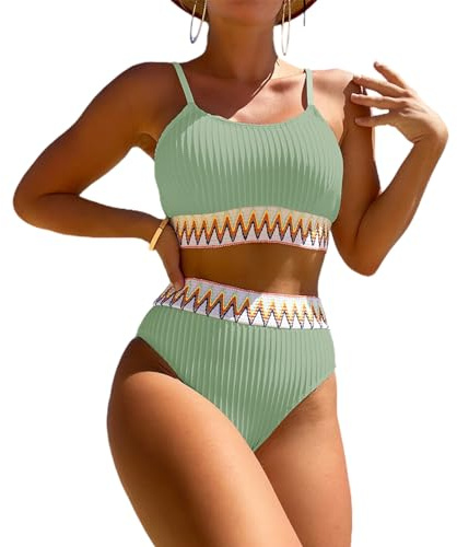 Enwokran Dam Baddräkt Hög Midja Push Up Sport Bikini Halter Badkläder Tvådelad Vadderad Utskärning Med Justerbar Rem, Ljusgrön, S