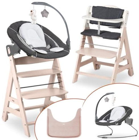 hauck Trona Beta Newborn Set de Trona Evolutiva Bebe apta desde el Nacimiento, Tronas de Bebe Evolutiva con Hamaca, Cojín y Bandeja, Silla Bebe Madera - Blanco Lavado/Gris Melange