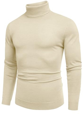COOFANDY Pull Homme avec Col Roulé Chemise à Manches Longues Pull en Maille Fine Pull à Col Roulé Ajusté Pulls d'automne et d'hiver Chemise à Base Chaude Couleur Crème XL