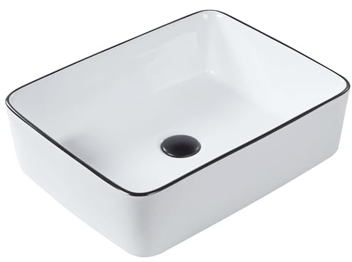 Lavabo sobre encimera baño clásico cerámica brillante blanco con borde negro rectangular 49 x 38 cm Xert