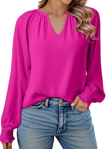 Dokotoo Women's Blouses Shirts Smocked Puff V Neck Womens Long Sleeve Tops Oversized Ladies T-Shirts Chiffon Blouse Casual Women Tunic Top Pink XL UK 18 20