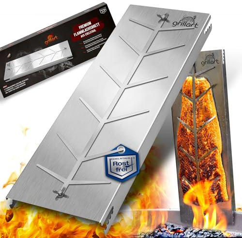 grillart® Planche à saumon flambée XXL de qualité supérieure en acier inoxydable - Pivote à 180° et réglable sur 5 positions - Planche à saumon pour barbecue et foyer - Accessoire de barbecue robuste