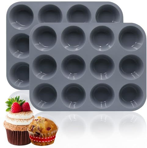 GYSRXS 2 Pieces Large Muffin Tray 12 Cup Silicone Muffin Trays Non Stick Muffin Cupcake Tins Moulds Bakeware Mould for Muffins Cupcakes Brownies Pudding,29×12×3CM(Grey)