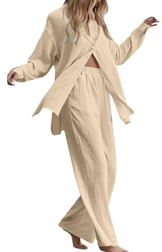 HOOUDO Linen Lounge Wear Sets for Women UK Ladies Cotton Linen 2 Pieces Outfit Loungewear Summer Long Sleeve Button Shirts Wide Leg Trousers Co Ord Set Tracksuits