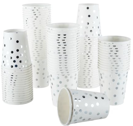 CEILIWEN Lot de 100 gobelets en carton à pois blancs et argentés de 250 ml – Gobelets de fête argentés pour boissons chaudes et froides – Idéal pour mariage, anniversaire, célébrations et événements