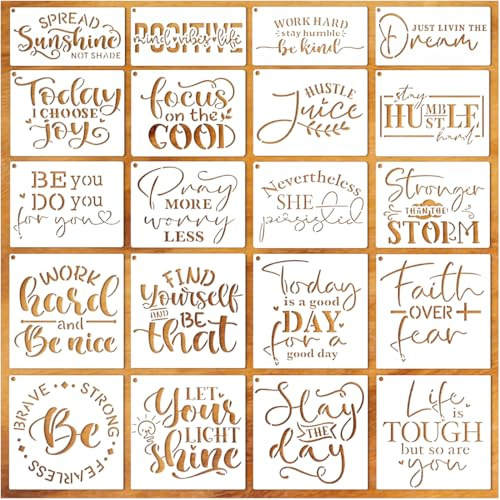 JUGUTA 20 Piezas Plantillas de Letras Inspiradoras, Plantillas de Citas Inspiradoras, Plantillas Lettering Reutilizables, Plantillas de Dibujos para Bullet Journal, Manualidades, Plantillas Pintar
