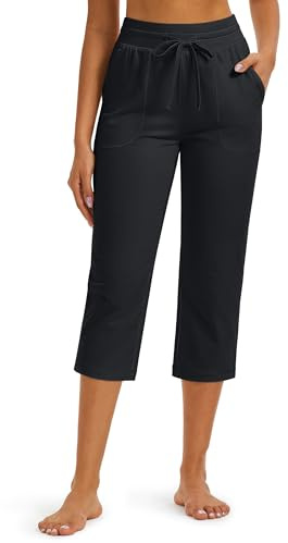 MAGCOMSEN Women's Cotton Capri Pants with Pockets Loose Straight Leg Stretch Casual Workout Summer Yoga Capris Black M