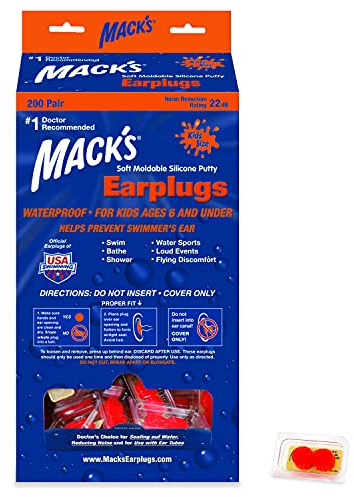 Mack’s® Soft Moldable Silicone Putty Earplugs - Kids Size, 200 Pair Dispenser – Comfortable Small Ear Plugs for Swimming, Bathing, Travel, Loud Events and Flying | Made in USA