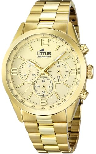 LOTUS Reloj Hombre Analógico de Acero Inoxidable 316l Dorado - Movimiento de Cuarzo - Cronógrafo - Cristal Mineral de Alta Resistencia - Resistente al Agua 5 ATM 18153/2 Minimalist