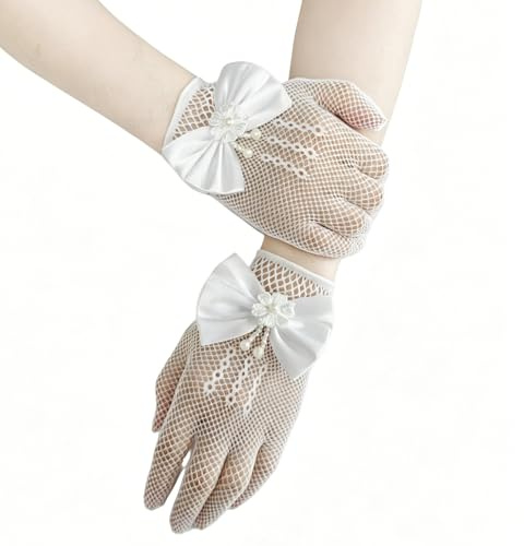 SwirlColor Guantes Blancos Niña Suave Elegantes para Primera Comunión, Boda o Fiesta del Té/Satén Organza con Encaje Floral
