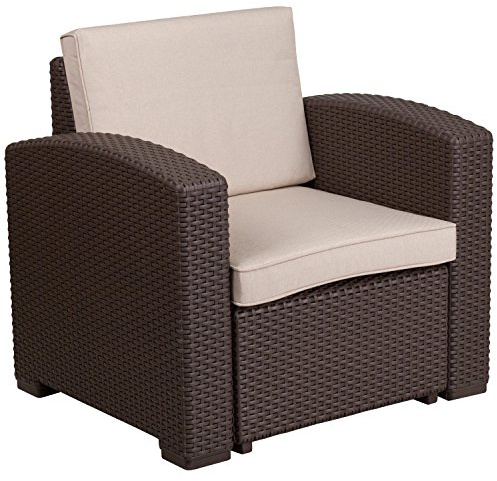 Flash Furniture Seneca Chocolate Brown Faux Rattan Chair with All-Weather Beige Cushion