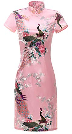 ACVIP Damen Pfau-Muster Kurzes Cheongsam Qipao Retro Chinesisches Bankettkleid Partykleid(China 5XL/EU 46,Rosa)