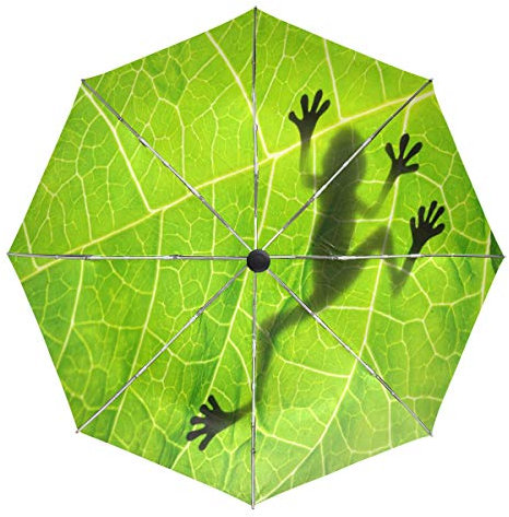 Wamika Frosch Schatten auf Blatt Automatischer Regenschirm Tier Grün Winddicht Wasserdicht UV-Schutz Reise Regenschirm - 3 Falten Auto Öffnen/Schließen Knopf Sonne & Regen Auto Regenschirm