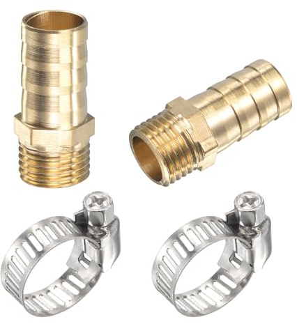 sourcing map Latón Manguera Púa Montaje Recto 12mm x G1/4 Macho Rosca Tubo Conector con Inoxidable Acero Manguera Abrazadera Paquete de 2