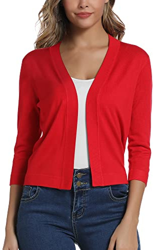 EXCHIC Donna Elegante 3/4 Maniche Bolero Cardigan Corto Open Front Maglioni Coprispalle (S, Rosso)