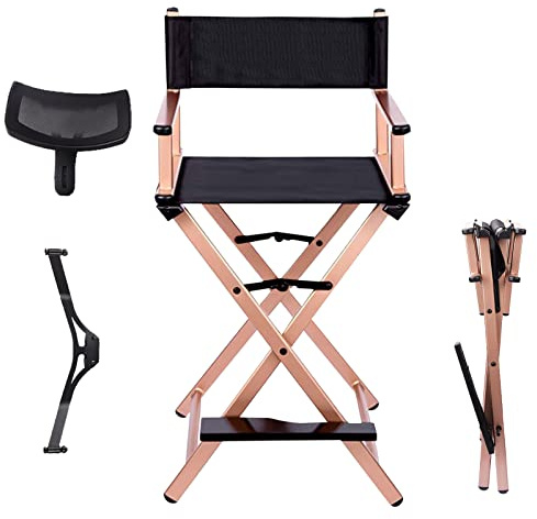 Lorvain Folable Makeup Artist Stool Chair, Protable Tall Folding Directors Chair, Aluminum Makeup Chair with Head Rest for Studio Salon Vanity, Bar Height - Gold Chairs
