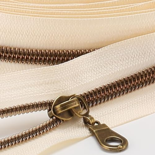 Sawoake Cremallera de Bobina de Nylon Beige 10 Yardas (#5) con Dientes de Latón Antiguo - 10 Deslizadores para Costura
