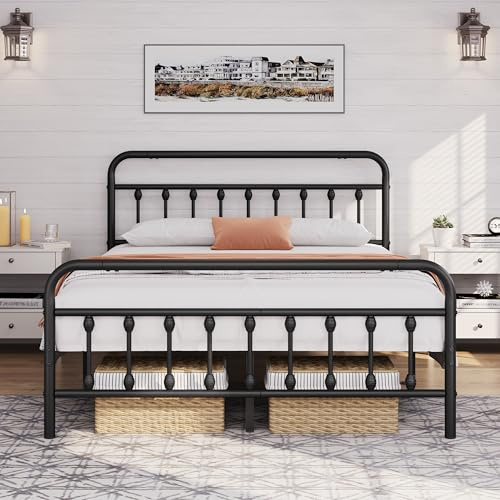 costoffs Metal Bed Frame 5ft King Vintage Iron Platform Bed with High Headboard and Footboard, Black