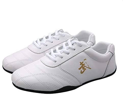 VEACAM Martial Arts Shoes for Men, Lightweight Leather Taekwondo Kung Fu Taichi Footwear for Daily Exercises Training, White, 8.5