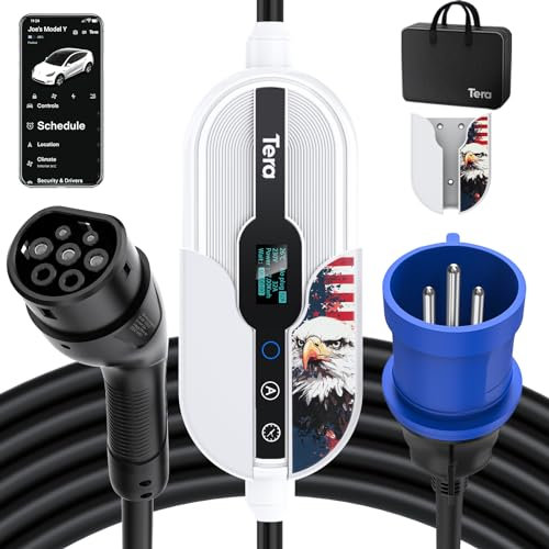Tera Smart EV-Cargador portátil 7,6 kW Tipo 2 Solo para Uso en Interiores CE&TüV 16-32A&App WLAN Bluetooth portátil o montado en la Pared Cable 7 Metros Enchufe monofásico CEE Blanco-Águila