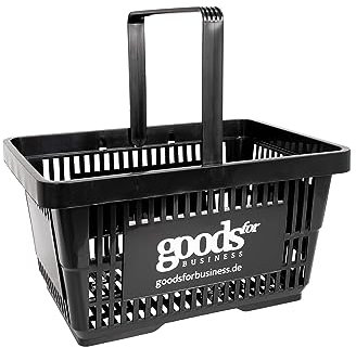 Einkaufskorb 22 Liter schwarz mit Aufschrift goodsforbusiness, Tragekorb mit Kunststoffbügel bis 30 kg belastbar, Korb lebensmittelgeeignet, Shoppingkorb stapelbar, stabiler Picknickkorb Präsentkorb