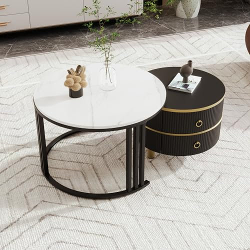 Mesa de centro redonda de MDF 2 en 1, mesa auxiliar con tablero brillante y 1 tapa de mármol blanco, combinación de mesa de centro de salón con 2 cajones, 70 x 70 x 46 + 50 x 50 x 40 cm (Negro+Negro)