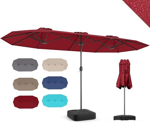 RELAX4LIFE Grand Parasol de Jardin Extérieur avec Pied, Parasol Double Terrasse avec Manivelle, Polyester Hydrofuge, Protection UV, 2 Sacs de Sable, Montage Facile, pour Marché Terrasse (Rouge)