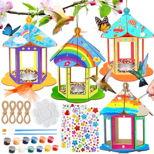 PIWOSGOL Vogelhaus Bausatz Kinder, 4 Stück Holz Vogelfutterhaus Bastelset, DIY Vogelfütterer Bemalen Basteln, Vogelfutter Vogelfutterspender Kunst Handwerk, Spielzeug Geschenk für Jungen Mädchen