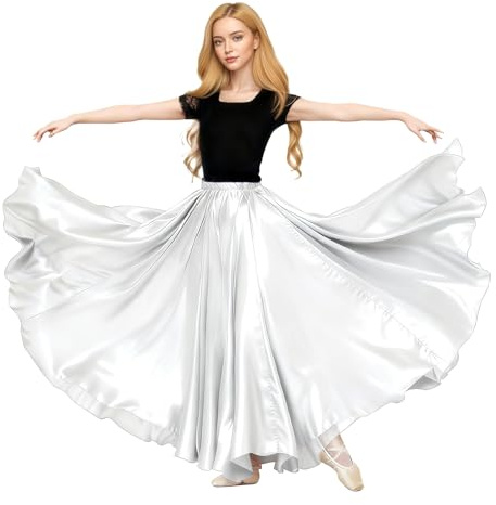 Baisdan Jupe Danse Orientale Femme en Satin, Jupe Longue Cercle Complet pour Flamenco, Halloween, Cosplay Argent