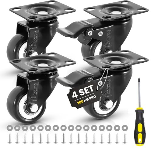 YUCONECT Ruedas para Muebles Pesados - Ruedas Giratorias con Freno de 50mm hasta 200kg - Ruedas para Palets Exterior + Destornillador, Arandelas y Tornillos, Negras, No Dejan Marcas, Alta Resistencia