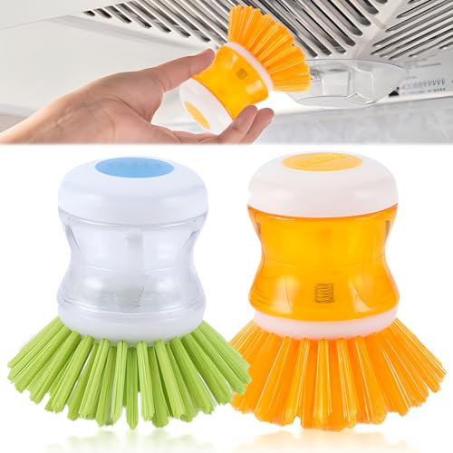 behone 2 cepillos para lavavajillas rellenables,Cepillo de Limpieza con dispensador de líquido lavavajillas, Cepillo de Cocina para Platos, ollas, sartenes, Limpieza de Fregadero (Amarillo/Verde)