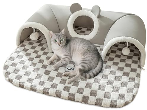 ALLSOPETS Tunnel per Gatti Pieghevole – Letto con Giocattolo Pensile e Base Antiscivolo – Per Gatti Piccoli, Medi, Grandi e Conigli (Orso Grigio, M)