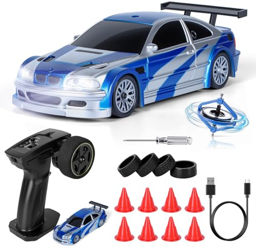 JONRRYIN Mini RC Drift Car Pro, 1:43 Fjärrstyrd Driftbil, 4WD Bordsdrift RC Bil, Fjärrstyrd Bil med Gyro, 15 km/h, Leksaksbil för Barn från 14 År (Blå Pro - Gyroskop)