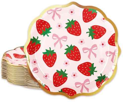 FYSUIMU 30Pcs Strawberry Bow Paper Plate Summer Fruit Scalloped Gold Foil Disposable Plate Coquette Red Pink Dinnerware Plates for Summer Bachelorette Wedding Birthday Party Supplies Table Decor, 9 In