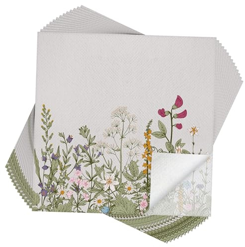 Vivantia 24 Pieces Vintage Floral Paper Patterned Napkins for Decoupage Wildflower Design 13 x 13 Inch Disposable Serviette Napkins for Birthday Dinner Table Decorations & Tea Party Supplies