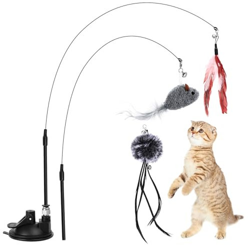 Wukemaoyi 2 Stück Interaktives Katzenspielzeug, Katzenangel Stabil, Katzenspielzeug Angel mit Federn, Katzen Spielzeug mit Vogel, Federspielzeug für Katzenstab Spielzeug mit Saugnapf, mit 3 Vogel