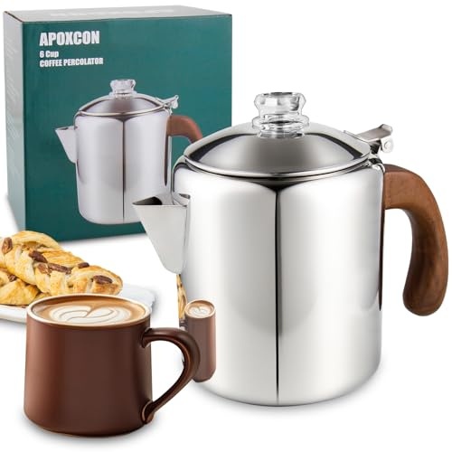 APOXCON Percolateur à café en acier inoxydable avec poignée en bois massif ignifuge et bouton de progression en verre transparent résistant pour le camping, utilisation sur n'importe quelle cuisinière