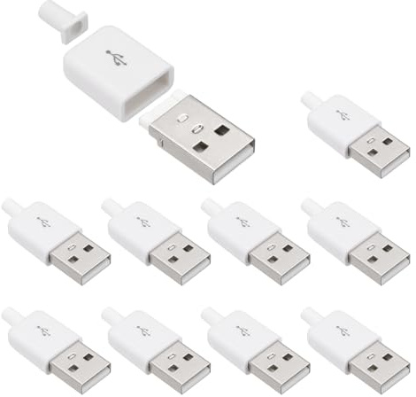 sourcing map Lot de 10 connecteurs mâles USB 2.0 de type A, bornes à souder à 4 broches avec trou de câble de 3 mm pour kit de réparation de câble, alimentation, projets de microcontrôleur, blanc