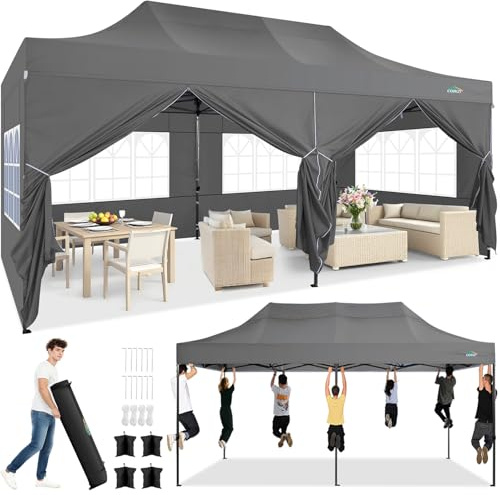 COBIZI 10x20 Pop up Canopy Heavy Duty with 6 Sidewalls, Easy Set-up Commercial Outdoor Party, 100% Waterproof Wedding Canopy Gazebo, 3 Height Adjustable with Wheeled Bag, Gray