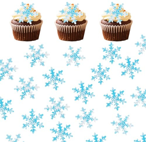 50pcs Flocons Neige Comestibles pour Décoration Gâteau, Bleu et Blanc Papier Gaufre Flocon Neige Cupcake Toppers Décorations Gâteau d’Anniversaire pour Noël Thème Hiver Fête d’Anniversaire
