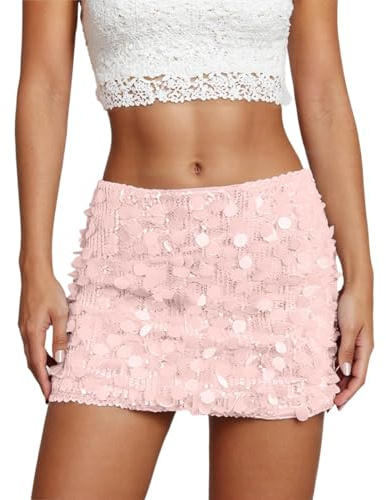 Women's Glitter Sequin Skirt Stretchy Bodycon Mini Skirt Sparkly Glitter Shiny Skirts for Night Out Party Going Out Holiday Light Pink