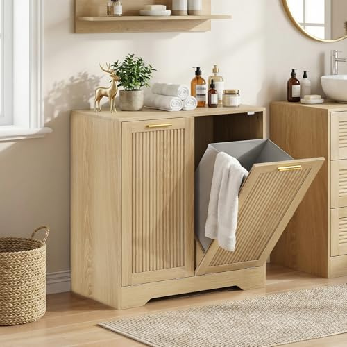 Mino Kesper Laundry Hamper Cabinet, Small Tilt-Out Bathroom Storage Unit with Narrow Hidden Basket Chest Bathroom Cupboard