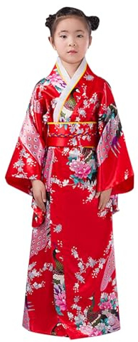 Kimono Giapponese per Ragazze Vestito Bambina Elegante Abito Tradizionale Costume da Ragazza Giapponese Abbigliamento per Bambini Abiti Kimono per Bambini Vestito da Performance (Red, 9-10 Years)
