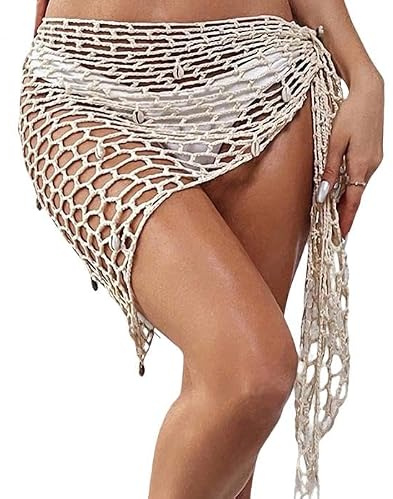 Jupe Au Crochet Sirène Jupe Cache Maillot Crochet,Jupe Courte En Filet De Pêche Triangulaire Avec Coquillage,Sexy Et Belle,Idéal Pour Carnavals,Les Piscines,Les Plages Et Les Jeux De Rôle(Abricot)