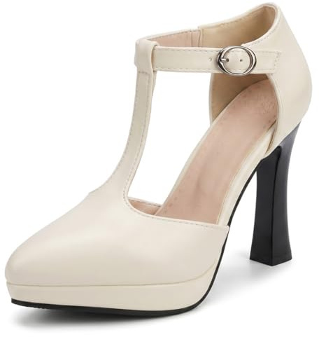 Escarpins Bout Amande Bride T Femme Plateforme Talons Hauts Style Vintage Élégant Confortables Chaussures Habillées Taille 34-50,Beige,34 EU