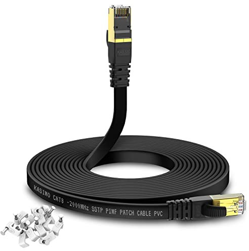KASIMO Cat 8 Flat Ethernet Cable 15M Internet LAN Cable with Clips 40Gbps 2000MHz High Speed Network Patch Cable SSTP Ethernet Cord with RJ45 Connector for Router Modem Switch Gaming Xbox