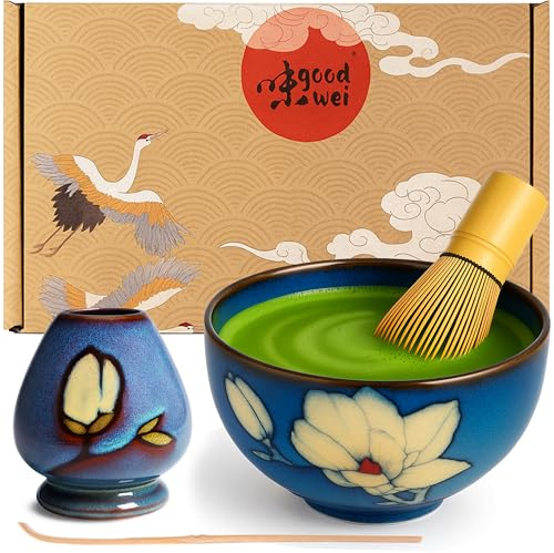 Matcha Teservis med modern Matcha-skål Chawan, Visphållare och Bambuvisp (80, Magnolia)