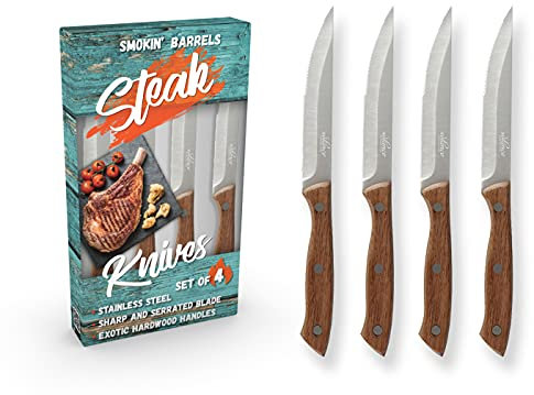Solance Smokin' Barrels - Coltelli da bistecca per uso quotidiano con manici in legno massiccio esotico, set da 4