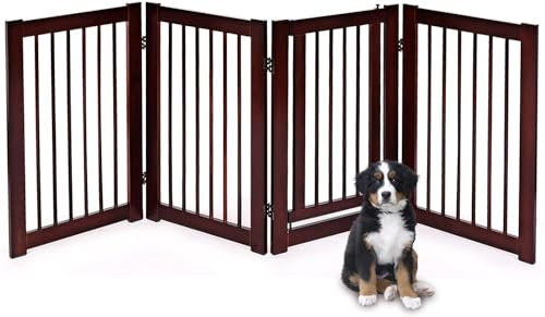 GYMAX Schutzgitter für Hunde klappbar, Absperrgitter Türschutzgitter aus Kiefernholz, Treppengitter mit Tor, Braun (4 Stücke)