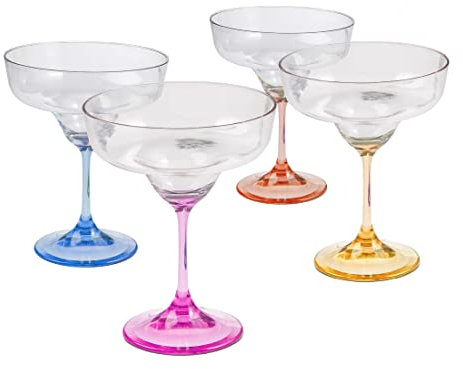 Lily's Home Unbreakable Margarita Glasses with Colored Stems, Set of 4, 10oz Reusable Plastic Stemware, Shatterproof Party Cups for Outdoor Patio, Pool, and Picnic